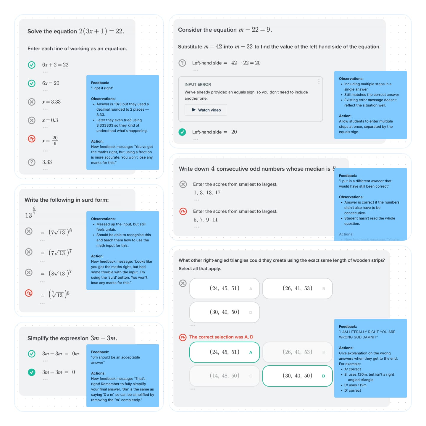 Examples of student struggles in the workbook and proposed actions to take