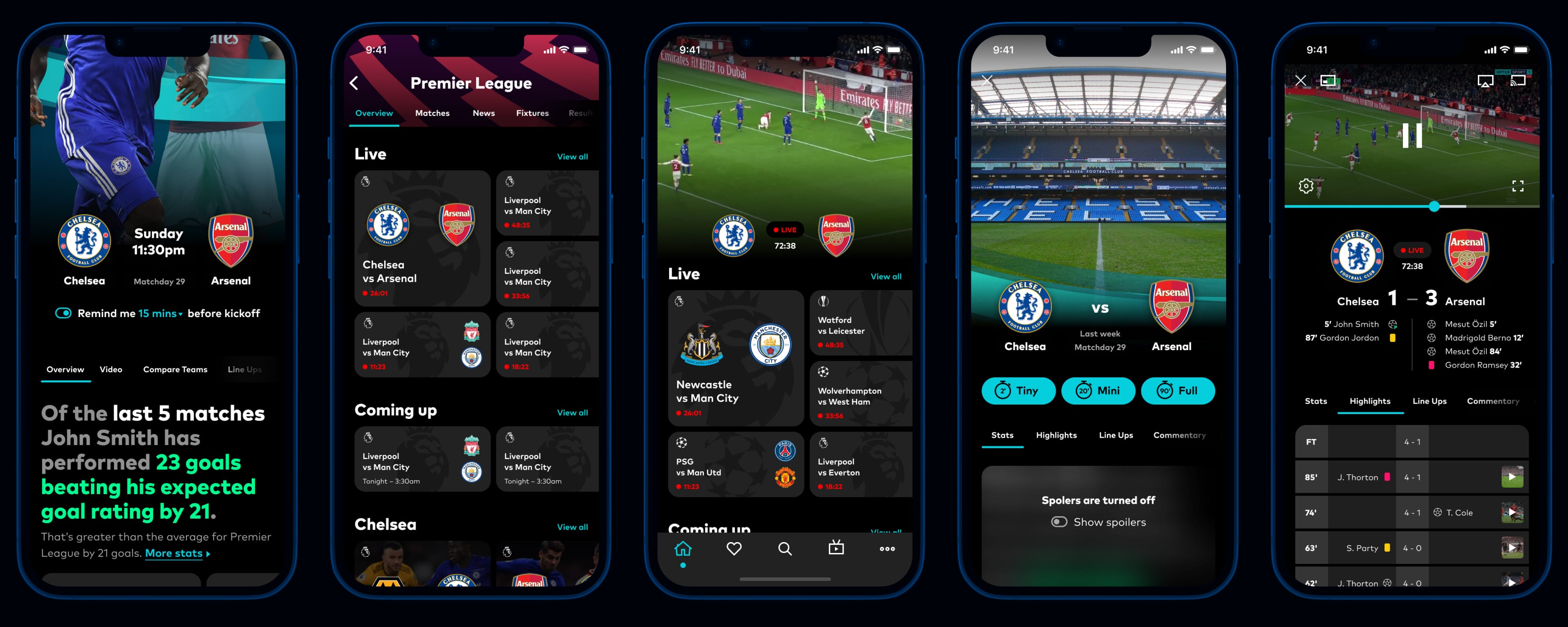 A sample of key screens from the redesigned Optus Sport app